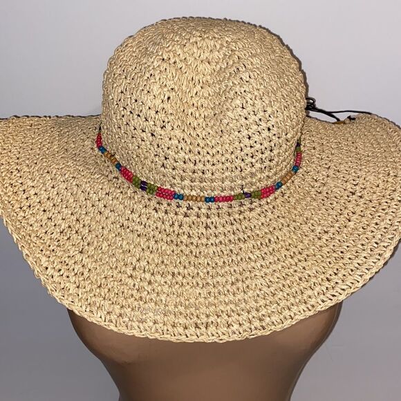 Free Authority Women's Cream Beaded 100% Paper Straw Sun Hat OS - Picture 5 of 6